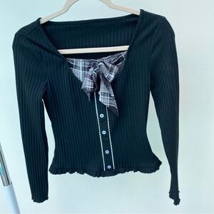 Y2K Black Faux Layer Ribbed Knit Plaid Chiffon Blouse Size Small